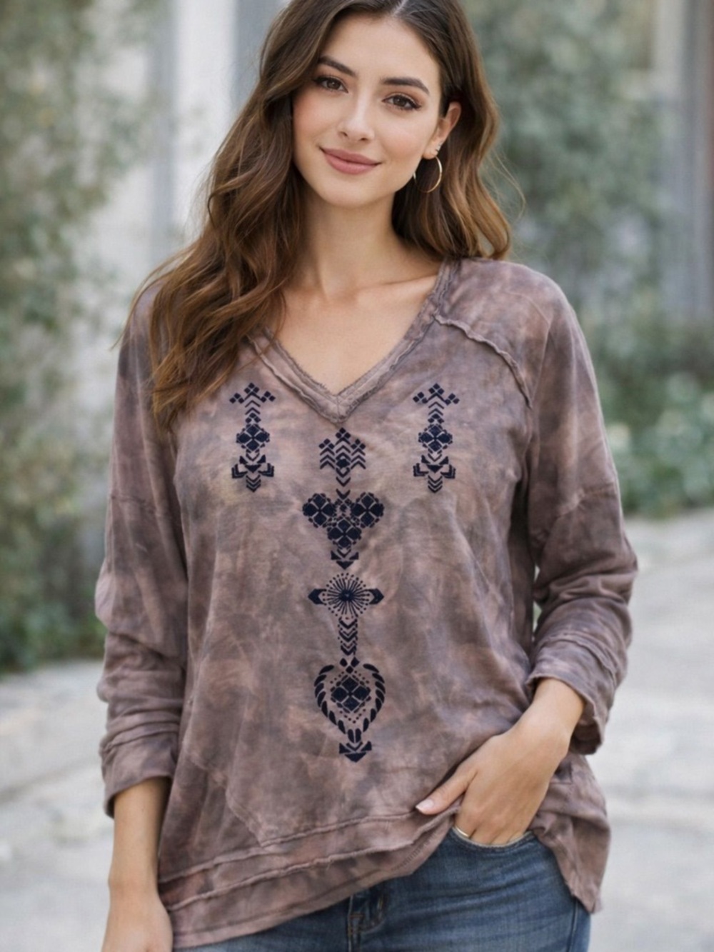 Free People Women's V-Neck Embroidered Tie-Dye Top - Brown
